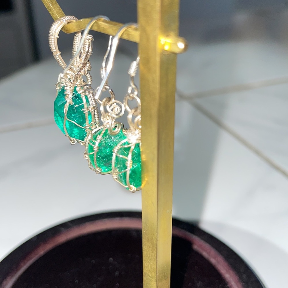 Silver Wire Wrapped Natural Emerald Set 😻 - Picture 3 of 7